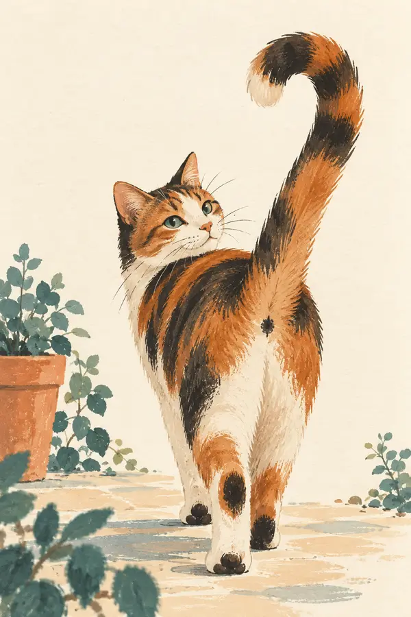 An illustrated cat seen from behind with its tail held upright