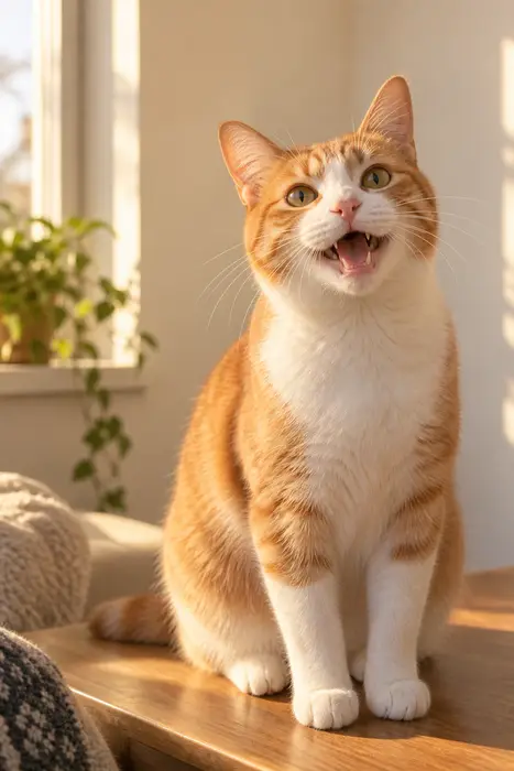 A curious cat waiting beside its food bowl