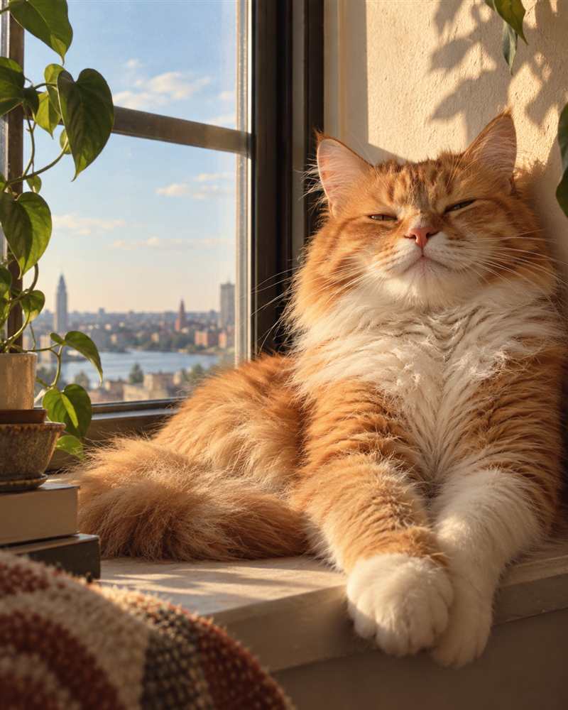 A relaxed tabby cat resting in a sunny window